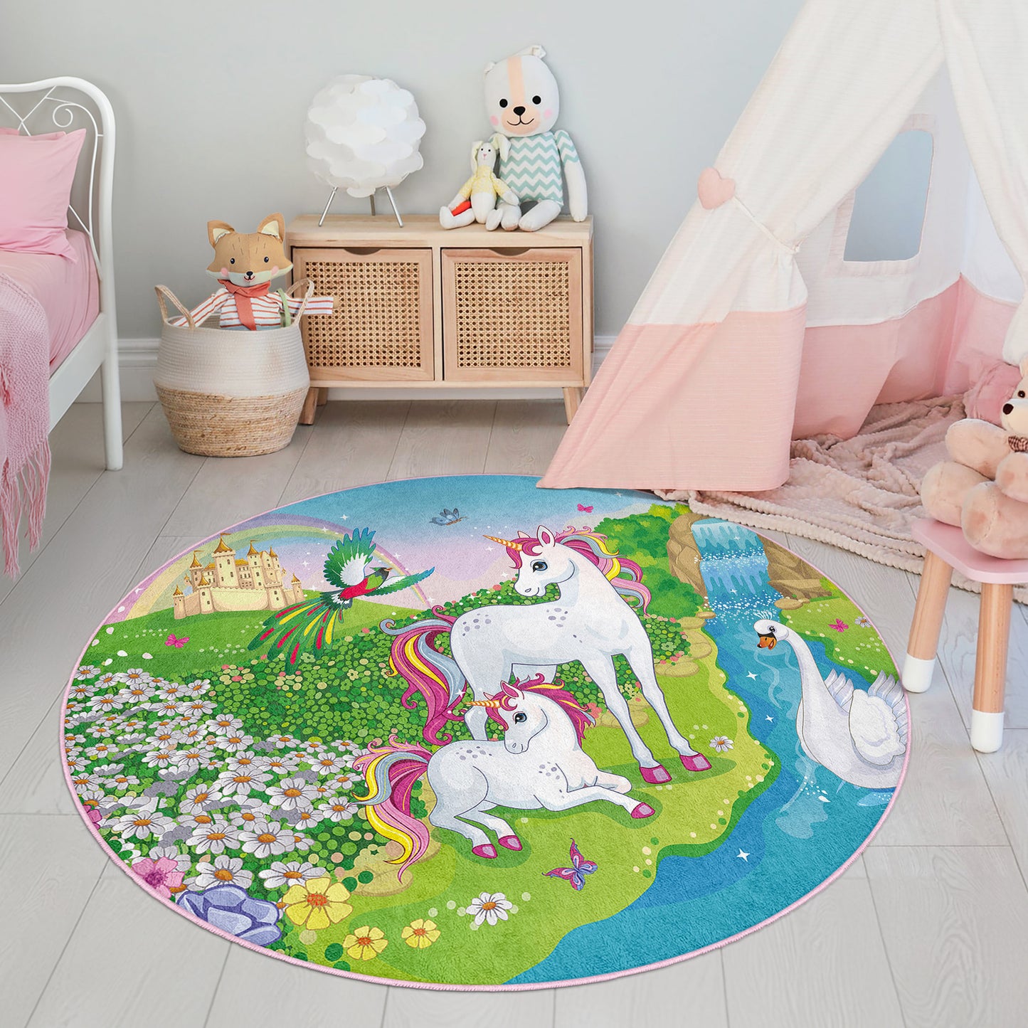 Two Horses Like Ponny and with a Swan in Beatiful Nature Design Washable Anti-Slip Kids Round Rug Multifunction as Non Slip Play Mat - Perfect for Bedrooms, Playrooms & Nurseries - Durable, Safe, & Easy to Clean for Boys & Girls Room 333
