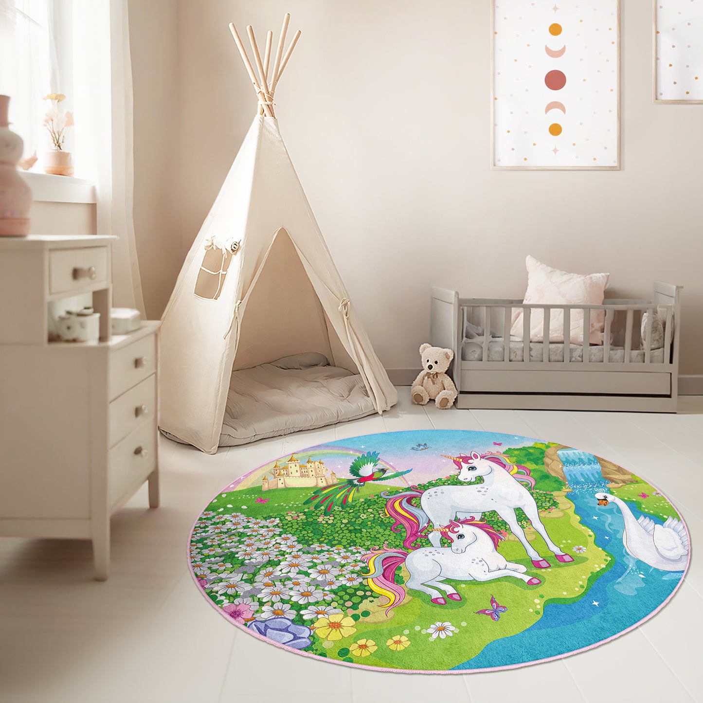 Two Horses Like Ponny and with a Swan in Beatiful Nature Design Washable Anti-Slip Kids Round Rug Multifunction as Non Slip Play Mat - Perfect for Bedrooms, Playrooms & Nurseries - Durable, Safe, & Easy to Clean for Boys & Girls Room 333