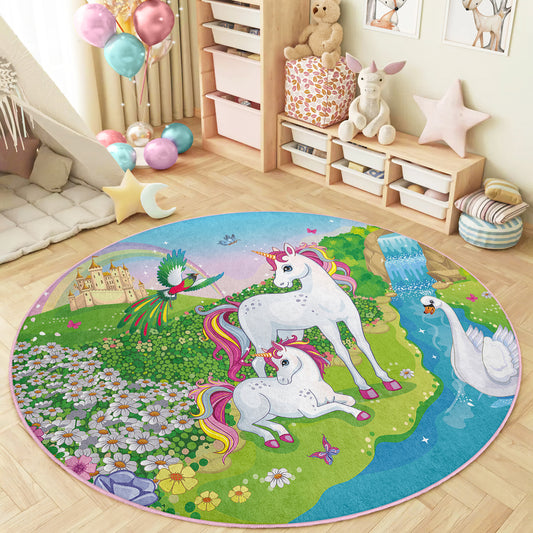 Two Horses Like Ponny and with a Swan in Beatiful Nature Design Washable Anti-Slip Kids Round Rug Multifunction as Non Slip Play Mat - Perfect for Bedrooms, Playrooms & Nurseries - Durable, Safe, & Easy to Clean for Boys & Girls Room 333