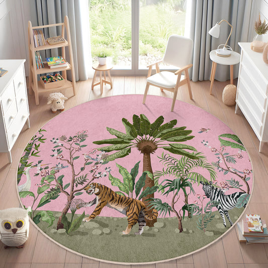 Jungle with Palm Tree and a Lion Design Washable Anti-Slip Kids Round Rug Multifunction as Non Slip Play Mat - Perfect for Bedrooms, Playrooms & Nurseries - Durable, Safe, & Easy to Clean for Boys & Girls Room 334