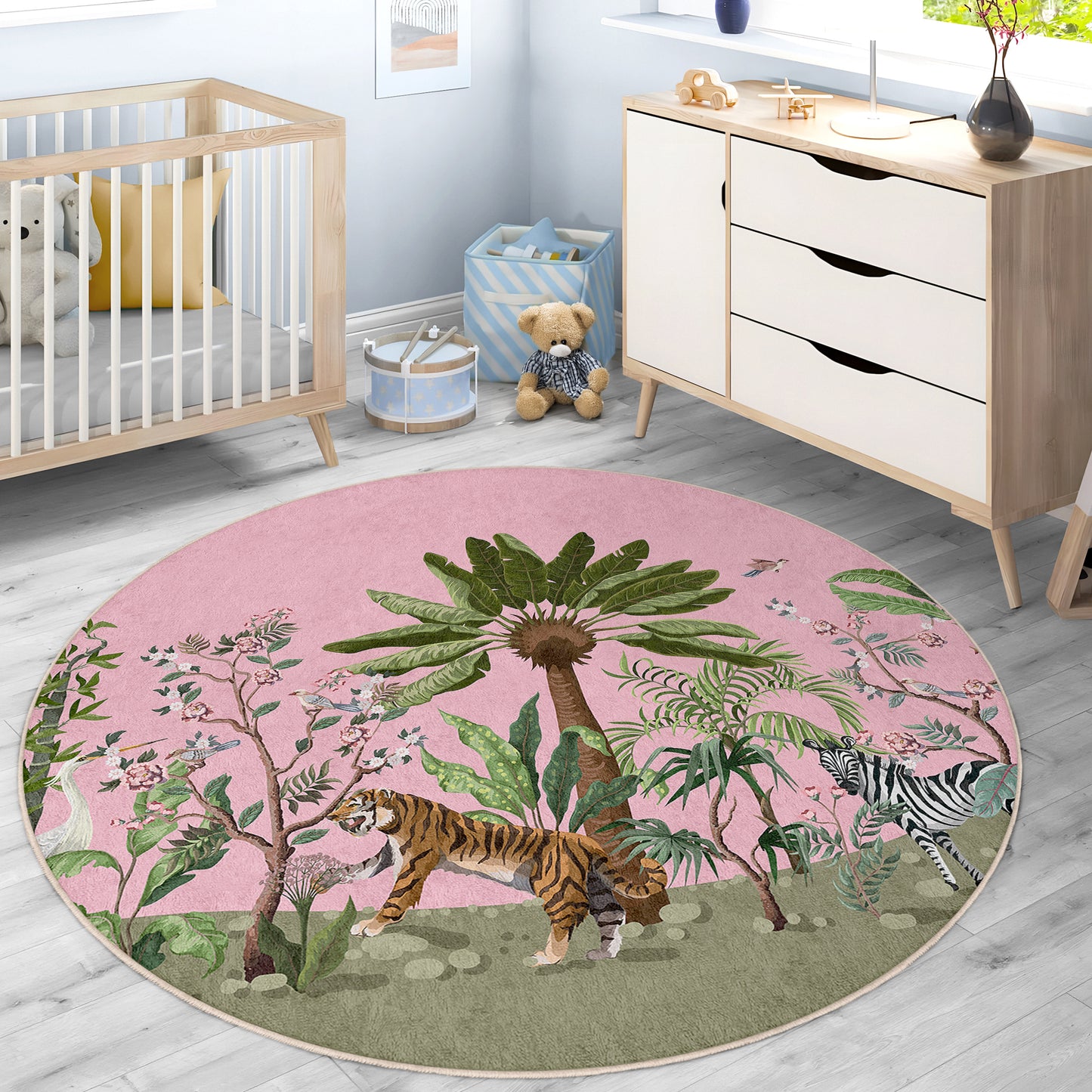 Jungle with Palm Tree and a Lion Design Washable Anti-Slip Kids Round Rug Multifunction as Non Slip Play Mat - Perfect for Bedrooms, Playrooms & Nurseries - Durable, Safe, & Easy to Clean for Boys & Girls Room 334