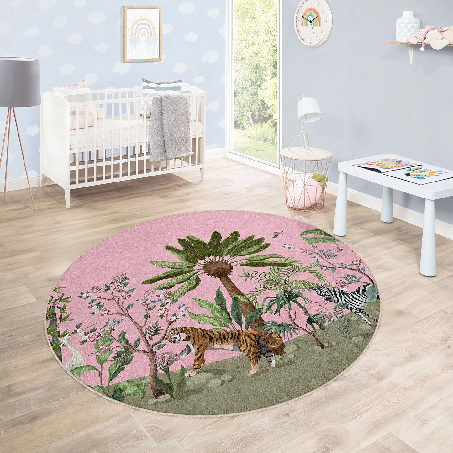 Jungle with Palm Tree and a Lion Design Washable Anti-Slip Kids Round Rug Multifunction as Non Slip Play Mat - Perfect for Bedrooms, Playrooms & Nurseries - Durable, Safe, & Easy to Clean for Boys & Girls Room 334