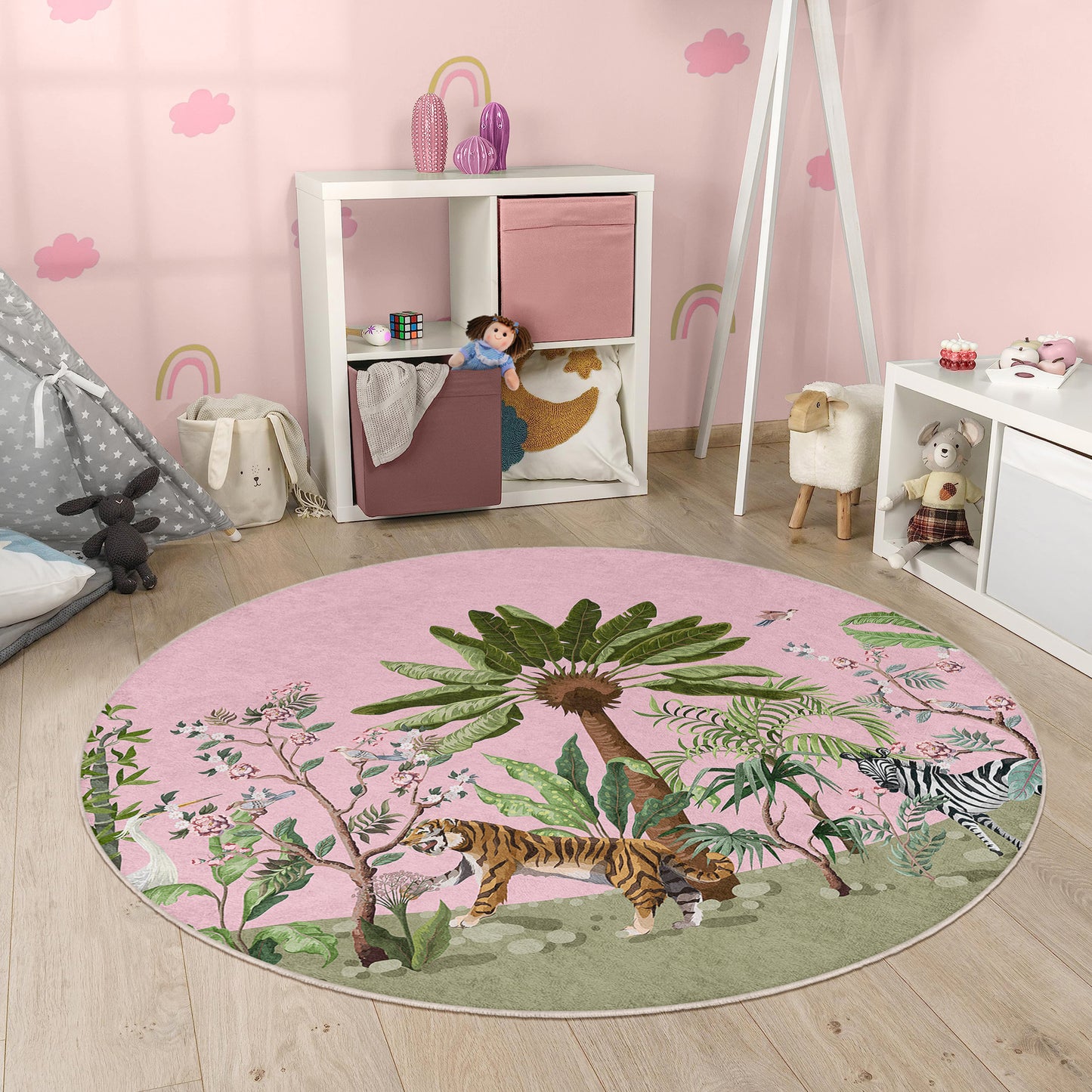 Jungle with Palm Tree and a Lion Design Washable Anti-Slip Kids Round Rug Multifunction as Non Slip Play Mat - Perfect for Bedrooms, Playrooms & Nurseries - Durable, Safe, & Easy to Clean for Boys & Girls Room 334