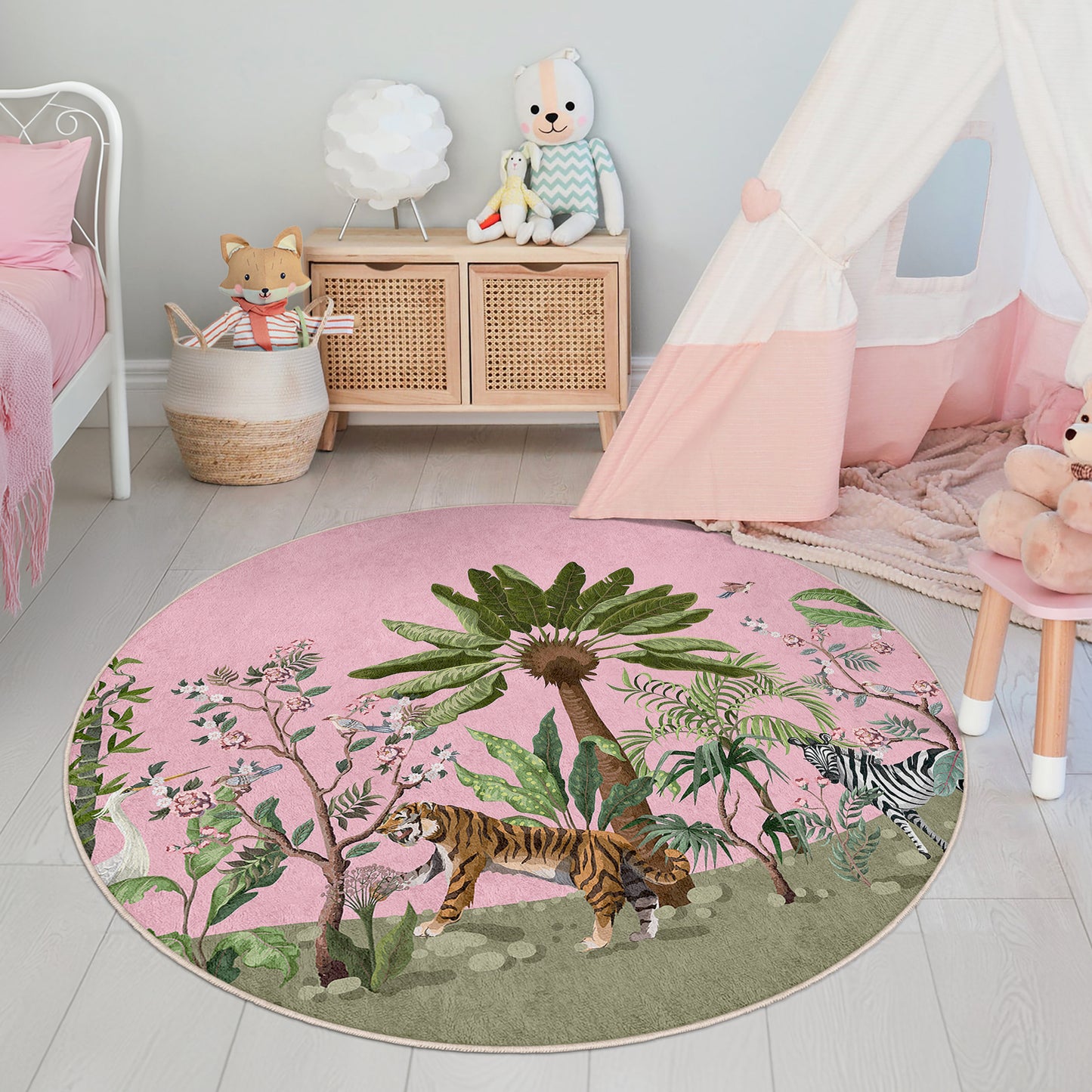 Jungle with Palm Tree and a Lion Design Washable Anti-Slip Kids Round Rug Multifunction as Non Slip Play Mat - Perfect for Bedrooms, Playrooms & Nurseries - Durable, Safe, & Easy to Clean for Boys & Girls Room 334