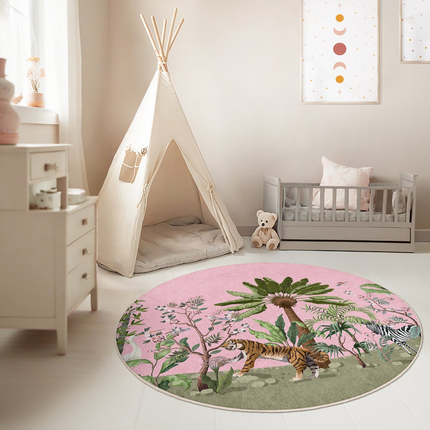 Jungle with Palm Tree and a Lion Design Washable Anti-Slip Kids Round Rug Multifunction as Non Slip Play Mat - Perfect for Bedrooms, Playrooms & Nurseries - Durable, Safe, & Easy to Clean for Boys & Girls Room 334