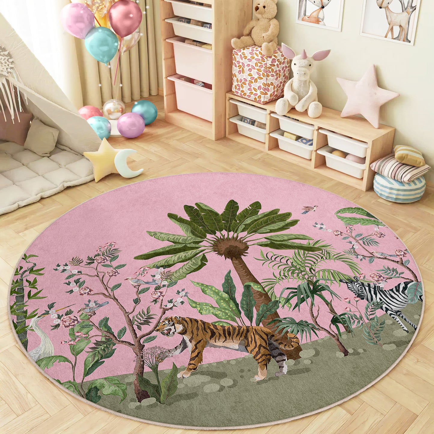 Jungle with Palm Tree and a Lion Design Washable Anti-Slip Kids Round Rug Multifunction as Non Slip Play Mat - Perfect for Bedrooms, Playrooms & Nurseries - Durable, Safe, & Easy to Clean for Boys & Girls Room 334