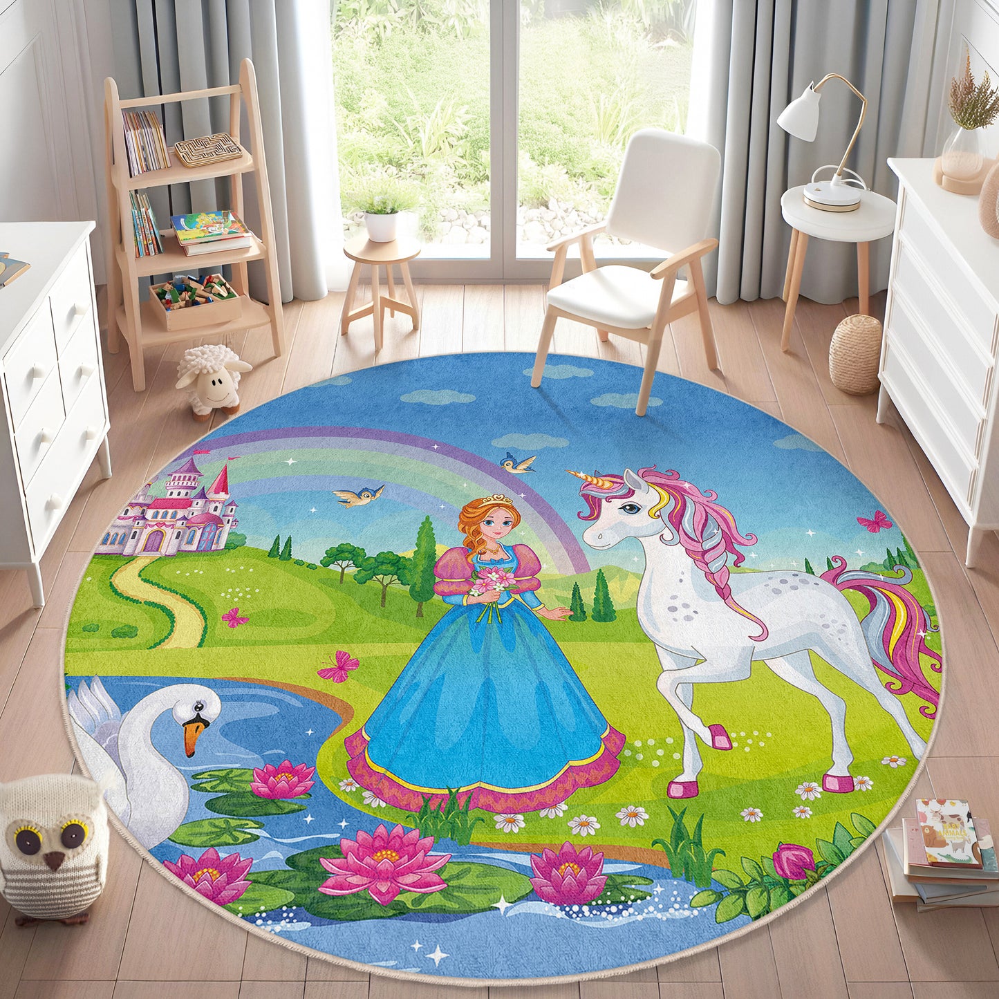 Princess Design with Ponny and Rainbow nearby a River Design Washable Anti-Slip Kids Round Rug Multifunction as Non Slip Play Mat - Perfect for Bedrooms, Playrooms & Nurseries - Durable, Safe, & Easy to Clean for Boys & Girls Room 335