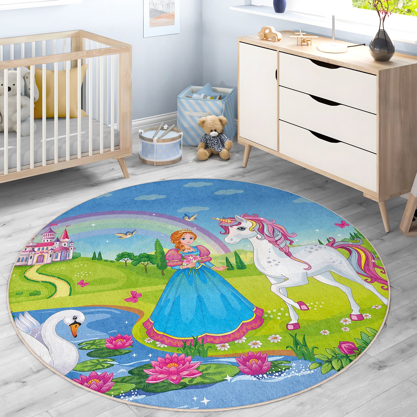Princess Design with Ponny and Rainbow nearby a River Design Washable Anti-Slip Kids Round Rug Multifunction as Non Slip Play Mat - Perfect for Bedrooms, Playrooms & Nurseries - Durable, Safe, & Easy to Clean for Boys & Girls Room 335