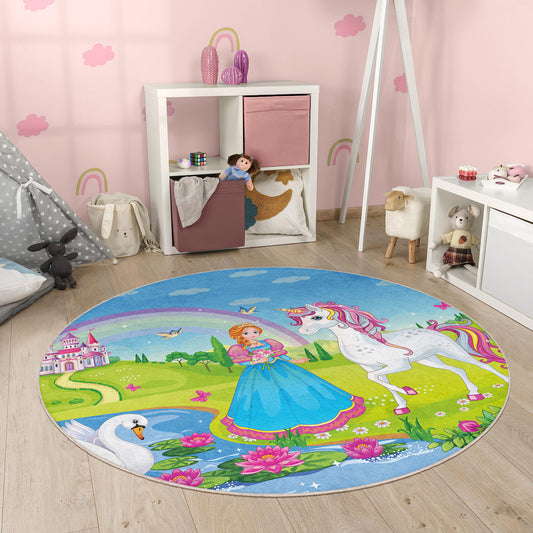 Princess Design with Ponny and Rainbow nearby a River Design Washable Anti-Slip Kids Round Rug Multifunction as Non Slip Play Mat - Perfect for Bedrooms, Playrooms & Nurseries - Durable, Safe, & Easy to Clean for Boys & Girls Room 335