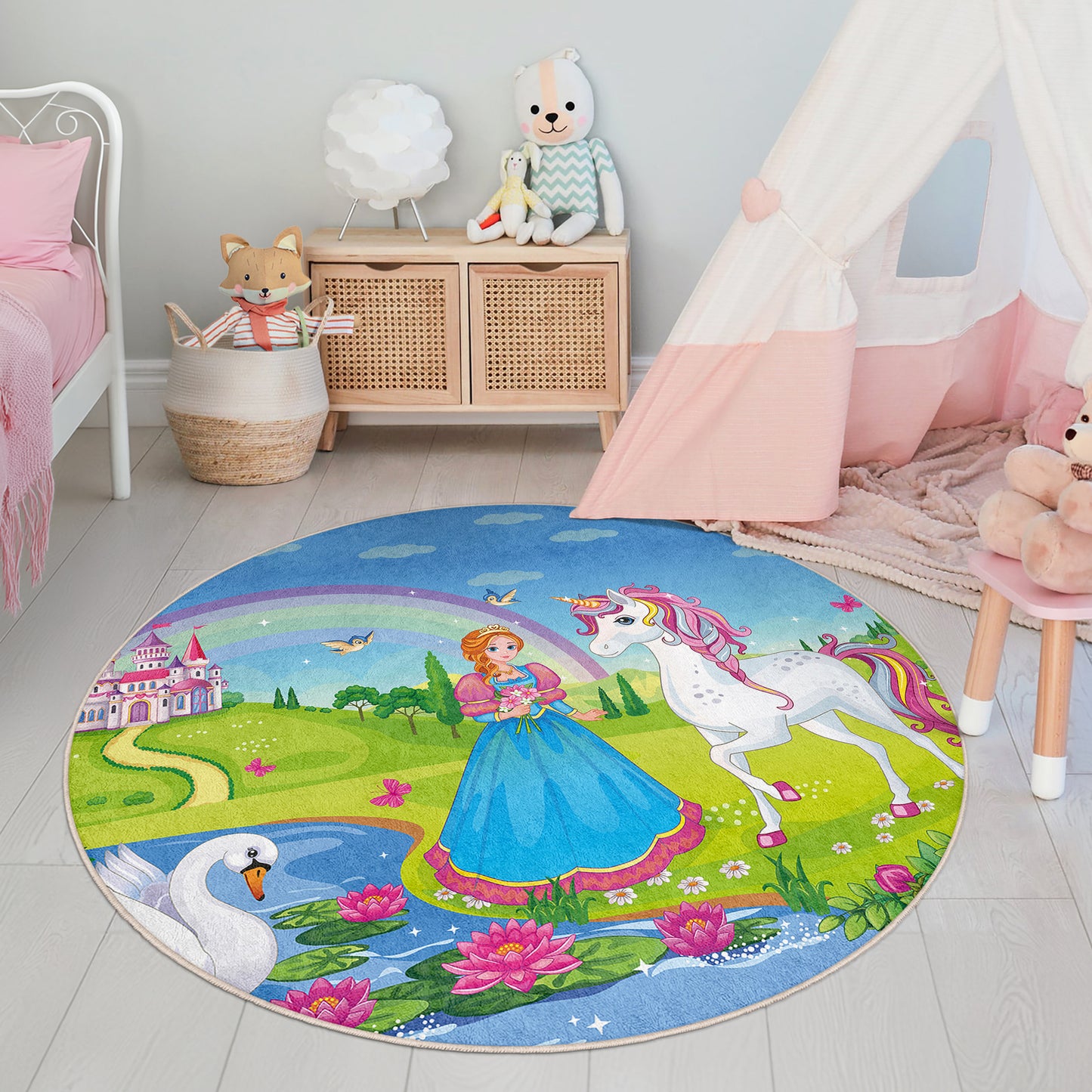 Princess Design with Ponny and Rainbow nearby a River Design Washable Anti-Slip Kids Round Rug Multifunction as Non Slip Play Mat - Perfect for Bedrooms, Playrooms & Nurseries - Durable, Safe, & Easy to Clean for Boys & Girls Room 335