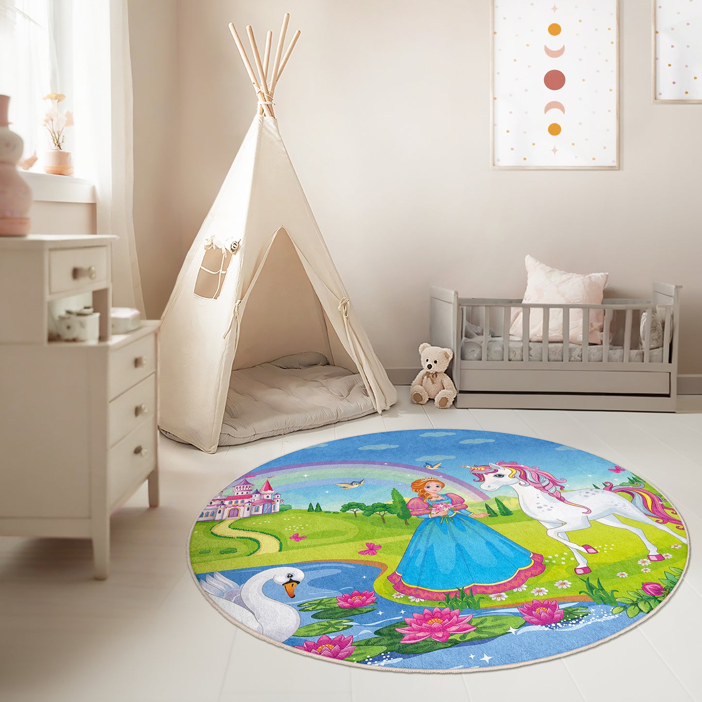 Princess Design with Ponny and Rainbow nearby a River Design Washable Anti-Slip Kids Round Rug Multifunction as Non Slip Play Mat - Perfect for Bedrooms, Playrooms & Nurseries - Durable, Safe, & Easy to Clean for Boys & Girls Room 335
