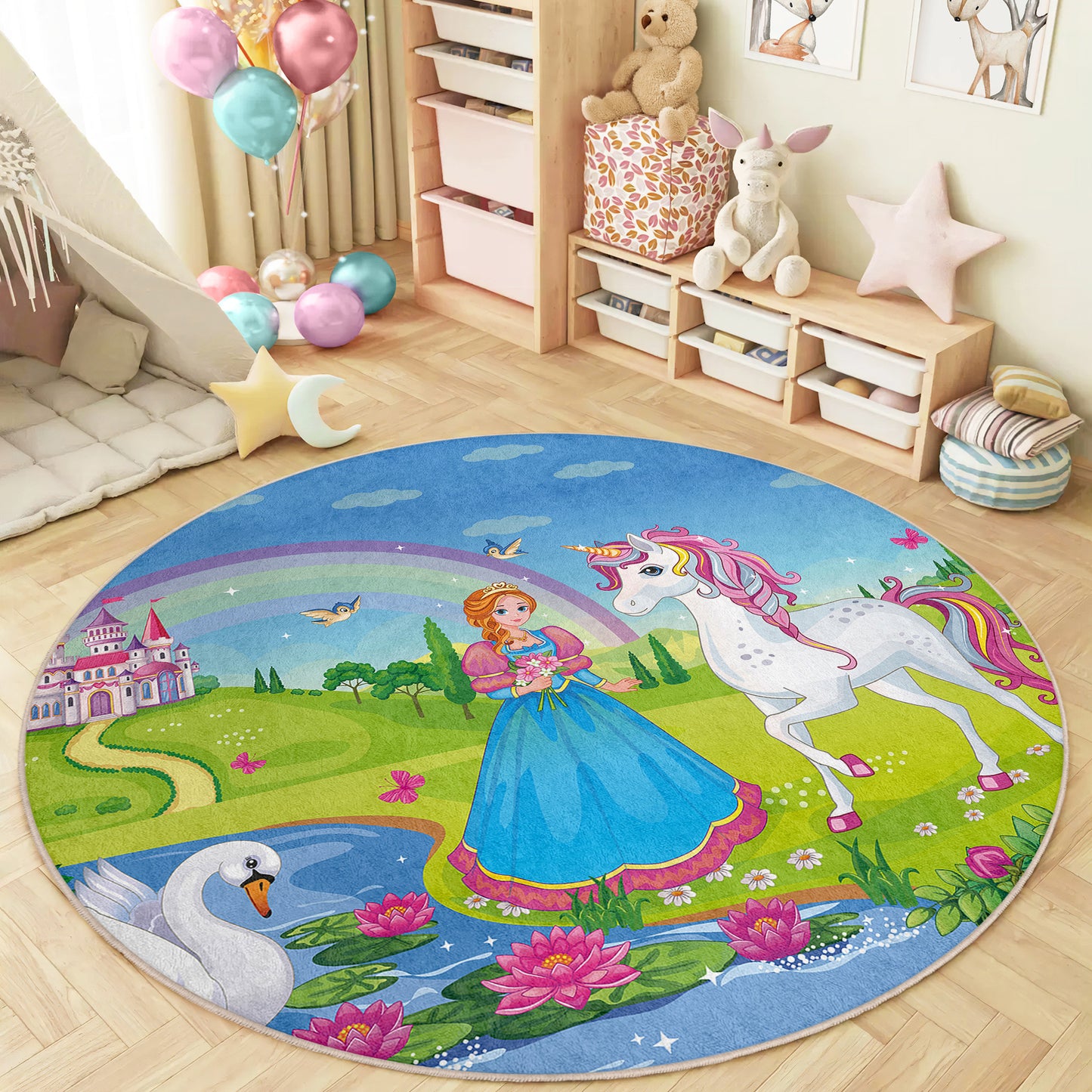 Princess Design with Ponny and Rainbow nearby a River Design Washable Anti-Slip Kids Round Rug Multifunction as Non Slip Play Mat - Perfect for Bedrooms, Playrooms & Nurseries - Durable, Safe, & Easy to Clean for Boys & Girls Room 335