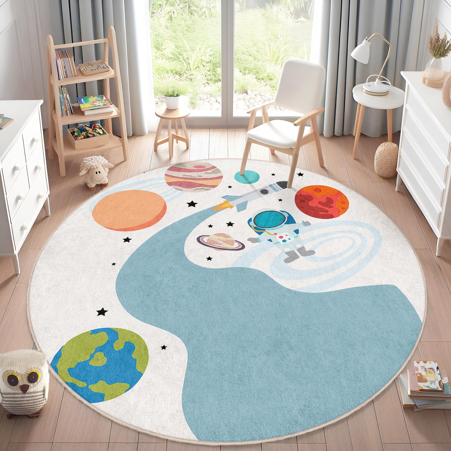 American Flag Astranout going to Mars Journey to Planets on Milky Way Design Washable Anti-Slip Kids Round Rug Multifunction as Non Slip Play Mat - Perfect for Bedrooms, Playrooms & Nurseries - Durable, Safe, & Easy to Clean for Boys & Girls Room 336