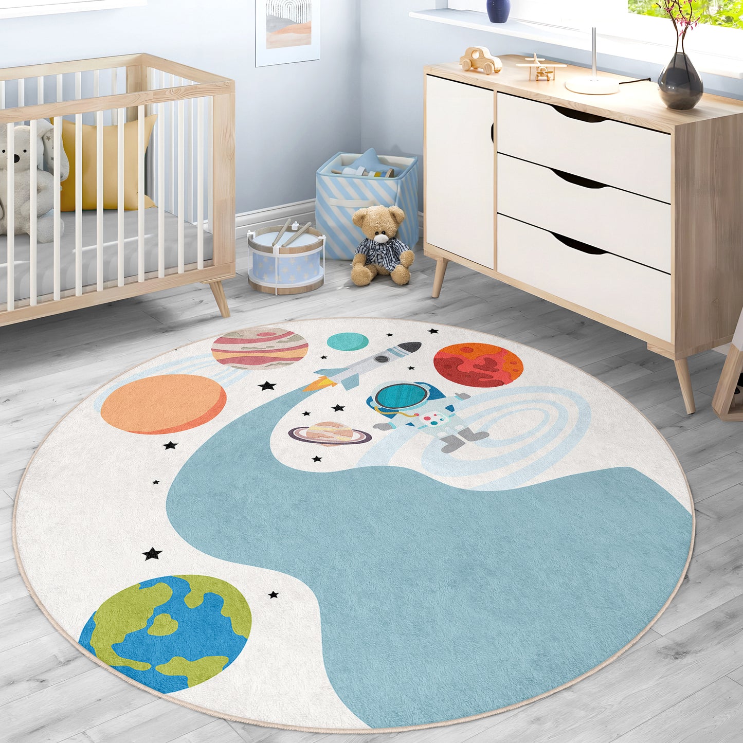 American Flag Astranout going to Mars Journey to Planets on Milky Way Design Washable Anti-Slip Kids Round Rug Multifunction as Non Slip Play Mat - Perfect for Bedrooms, Playrooms & Nurseries - Durable, Safe, & Easy to Clean for Boys & Girls Room 336