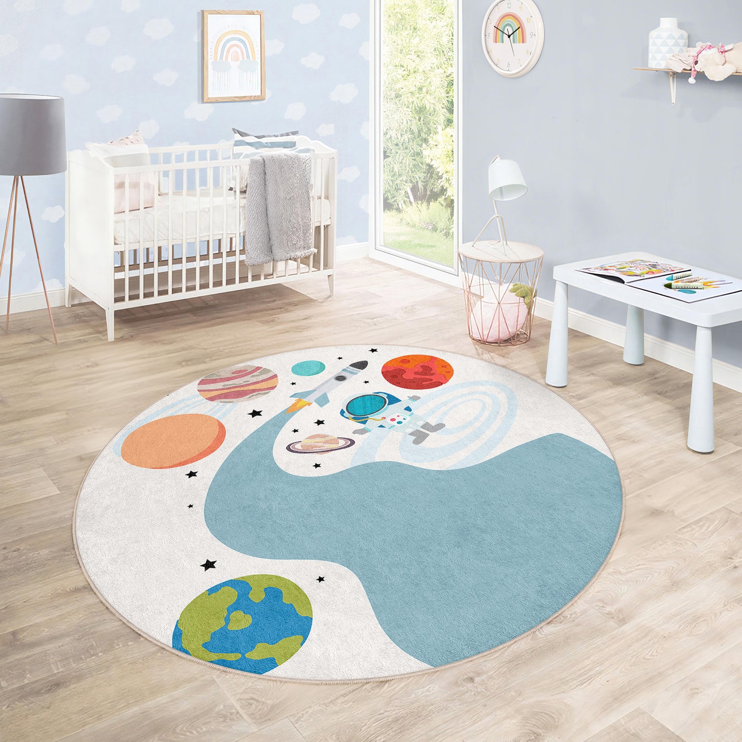 American Flag Astranout going to Mars Journey to Planets on Milky Way Design Washable Anti-Slip Kids Round Rug Multifunction as Non Slip Play Mat - Perfect for Bedrooms, Playrooms & Nurseries - Durable, Safe, & Easy to Clean for Boys & Girls Room 336