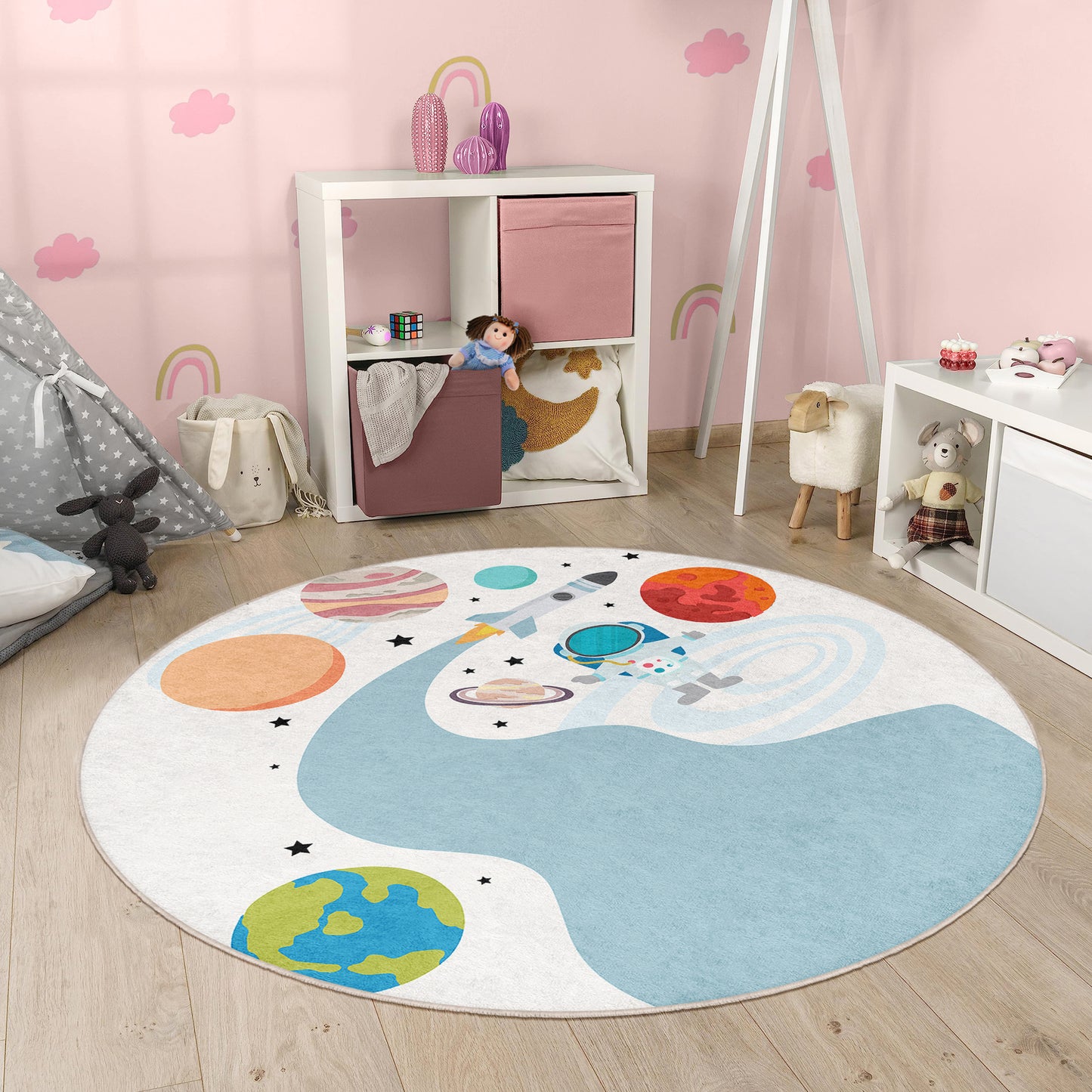 American Flag Astranout going to Mars Journey to Planets on Milky Way Design Washable Anti-Slip Kids Round Rug Multifunction as Non Slip Play Mat - Perfect for Bedrooms, Playrooms & Nurseries - Durable, Safe, & Easy to Clean for Boys & Girls Room 336