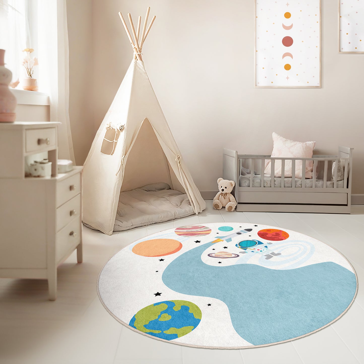 American Flag Astranout going to Mars Journey to Planets on Milky Way Design Washable Anti-Slip Kids Round Rug Multifunction as Non Slip Play Mat - Perfect for Bedrooms, Playrooms & Nurseries - Durable, Safe, & Easy to Clean for Boys & Girls Room 336