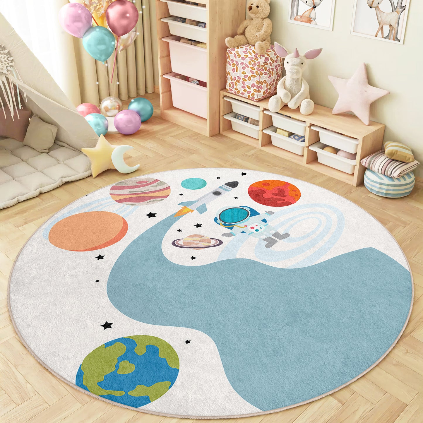 American Flag Astranout going to Mars Journey to Planets on Milky Way Design Washable Anti-Slip Kids Round Rug Multifunction as Non Slip Play Mat - Perfect for Bedrooms, Playrooms & Nurseries - Durable, Safe, & Easy to Clean for Boys & Girls Room 336