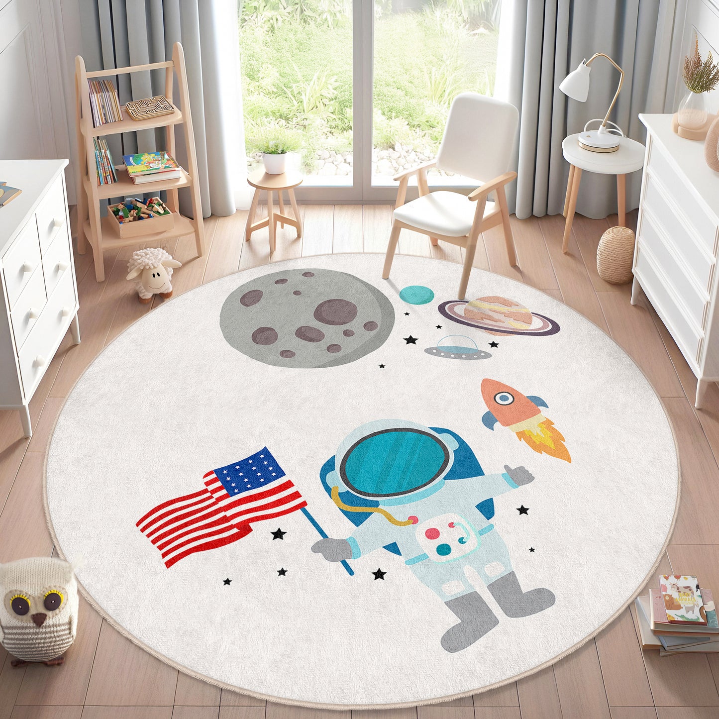 Planets on Milky Way Design Washable Anti-Slip Kids Round Rug Multifunction as Non Slip Play Mat - Perfect for Bedrooms, Playrooms & Nurseries - Durable, Safe, & Easy to Clean for Boys & Girls Room 336