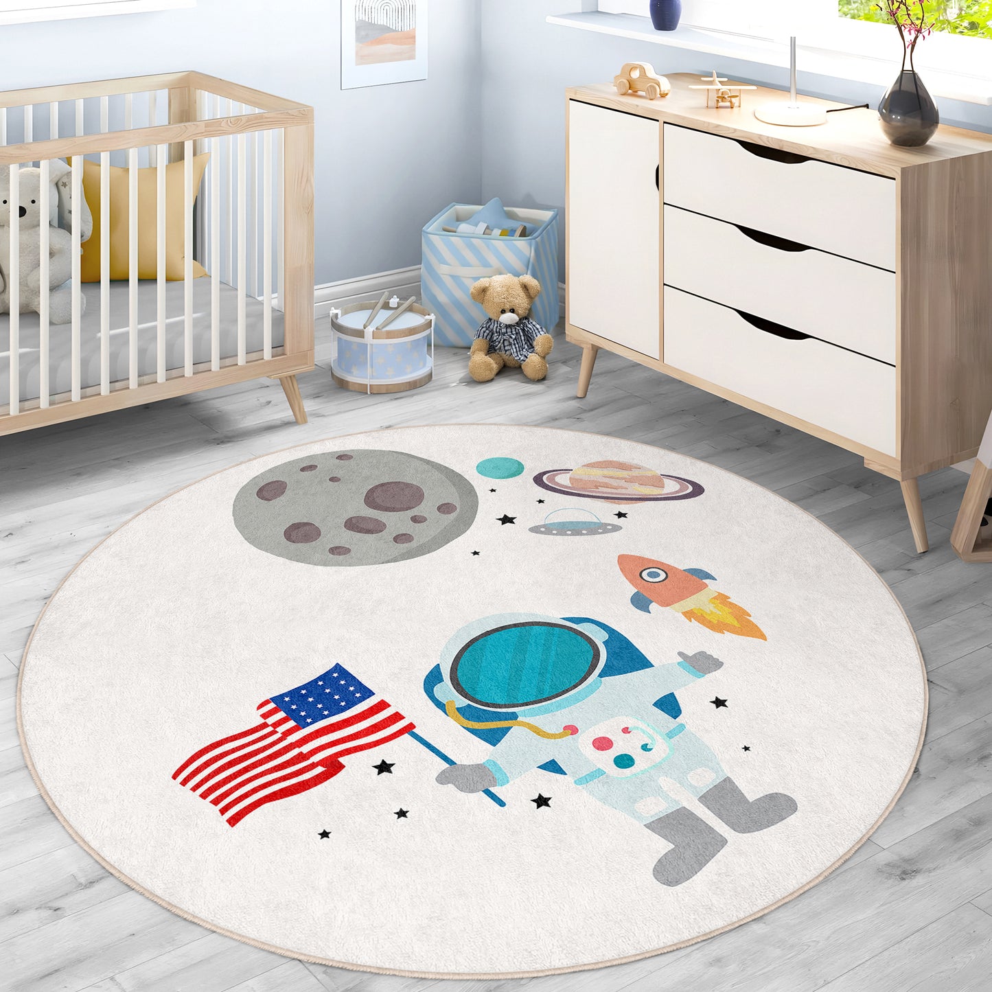 Planets on Milky Way Design Washable Anti-Slip Kids Round Rug Multifunction as Non Slip Play Mat - Perfect for Bedrooms, Playrooms & Nurseries - Durable, Safe, & Easy to Clean for Boys & Girls Room 336