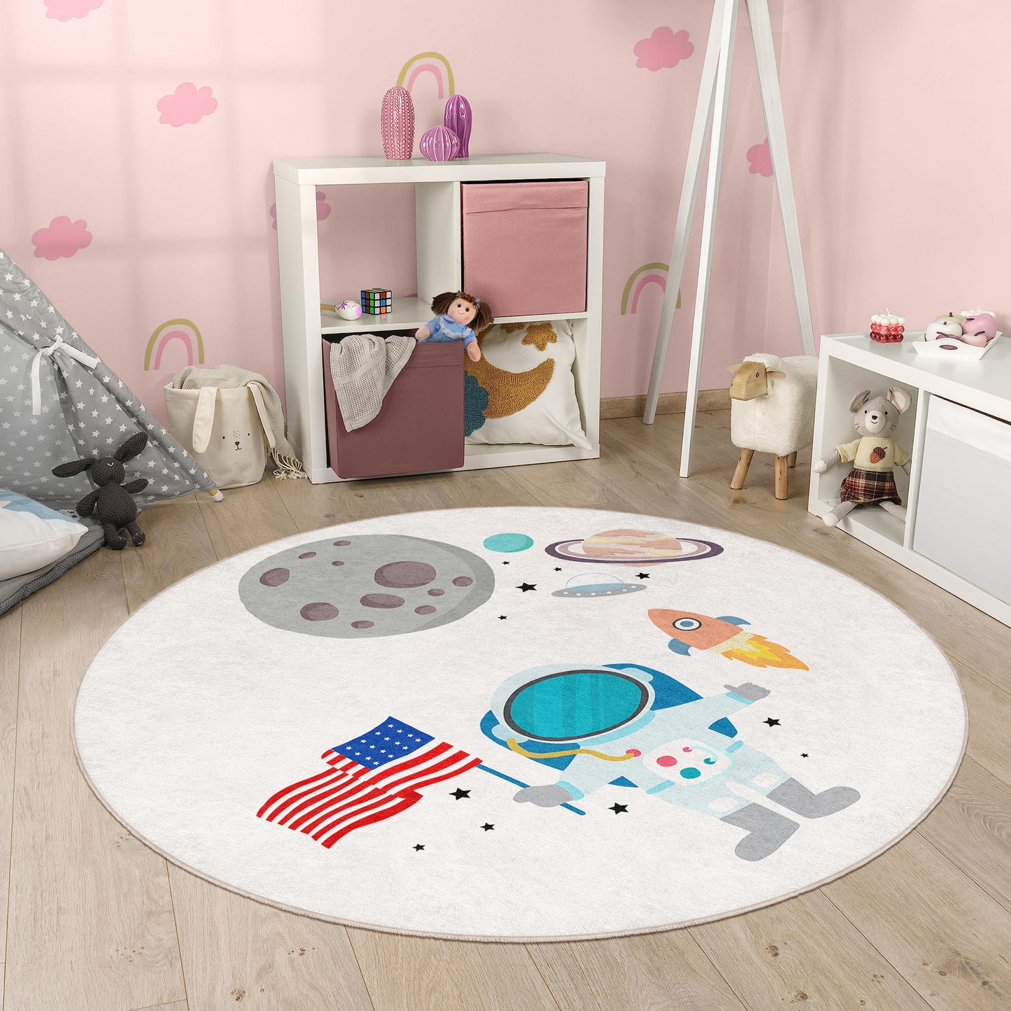 Planets on Milky Way Design Washable Anti-Slip Kids Round Rug Multifunction as Non Slip Play Mat - Perfect for Bedrooms, Playrooms & Nurseries - Durable, Safe, & Easy to Clean for Boys & Girls Room 336