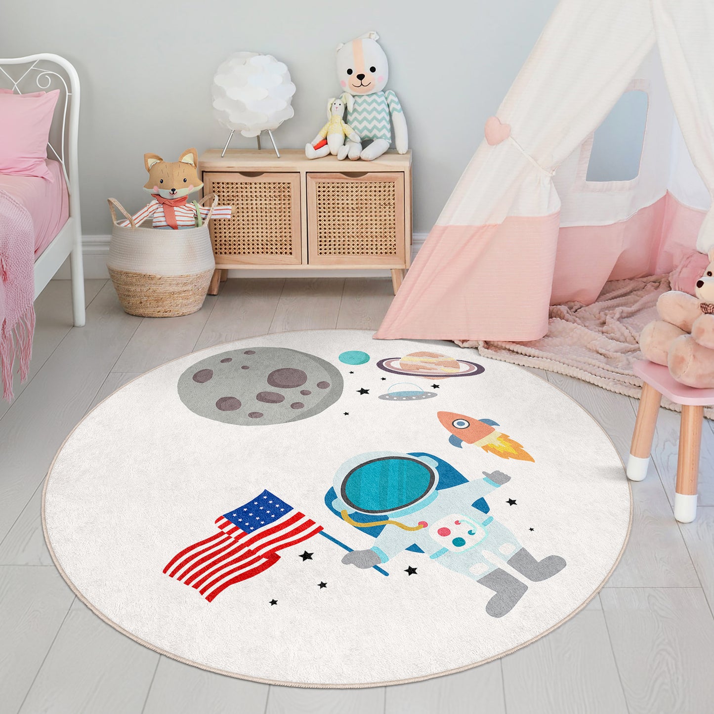 Planets on Milky Way Design Washable Anti-Slip Kids Round Rug Multifunction as Non Slip Play Mat - Perfect for Bedrooms, Playrooms & Nurseries - Durable, Safe, & Easy to Clean for Boys & Girls Room 336