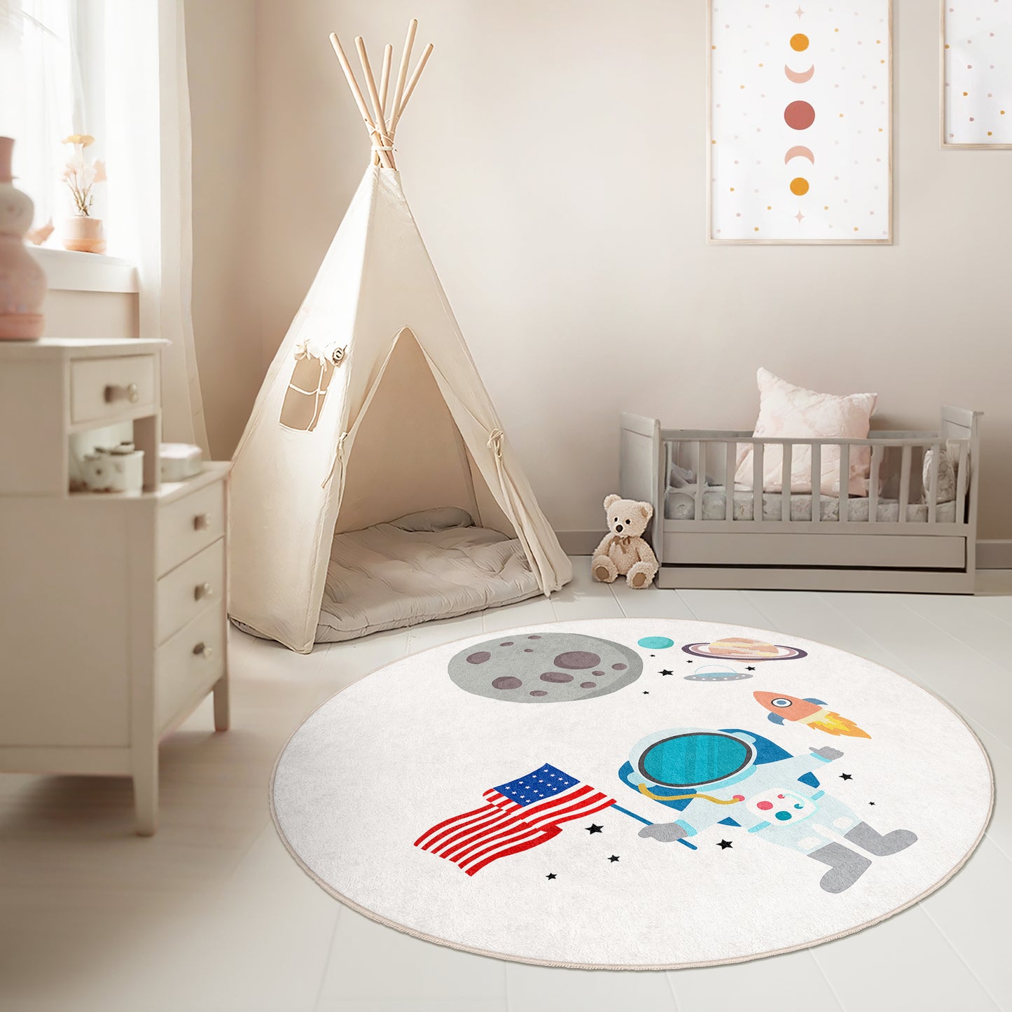 Planets on Milky Way Design Washable Anti-Slip Kids Round Rug Multifunction as Non Slip Play Mat - Perfect for Bedrooms, Playrooms & Nurseries - Durable, Safe, & Easy to Clean for Boys & Girls Room 336