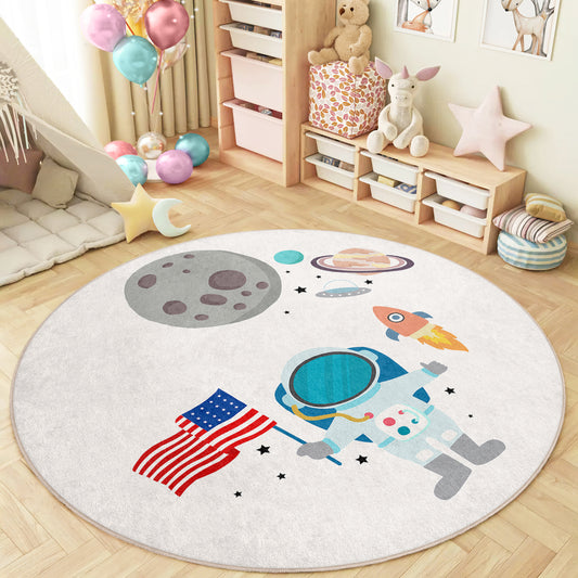 Planets on Milky Way Design Washable Anti-Slip Kids Round Rug Multifunction as Non Slip Play Mat - Perfect for Bedrooms, Playrooms & Nurseries - Durable, Safe, & Easy to Clean for Boys & Girls Room 336