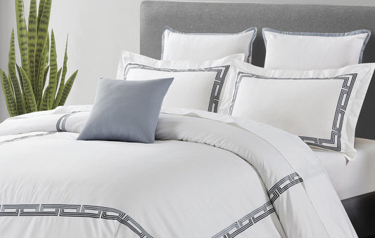 Hotel Collection – Architect Edition | Luxury Cloud White Bedding Set with Geometric Embroidery – 300 Thread Count Premium Cotton – 6-Piece Duvet Cover Set