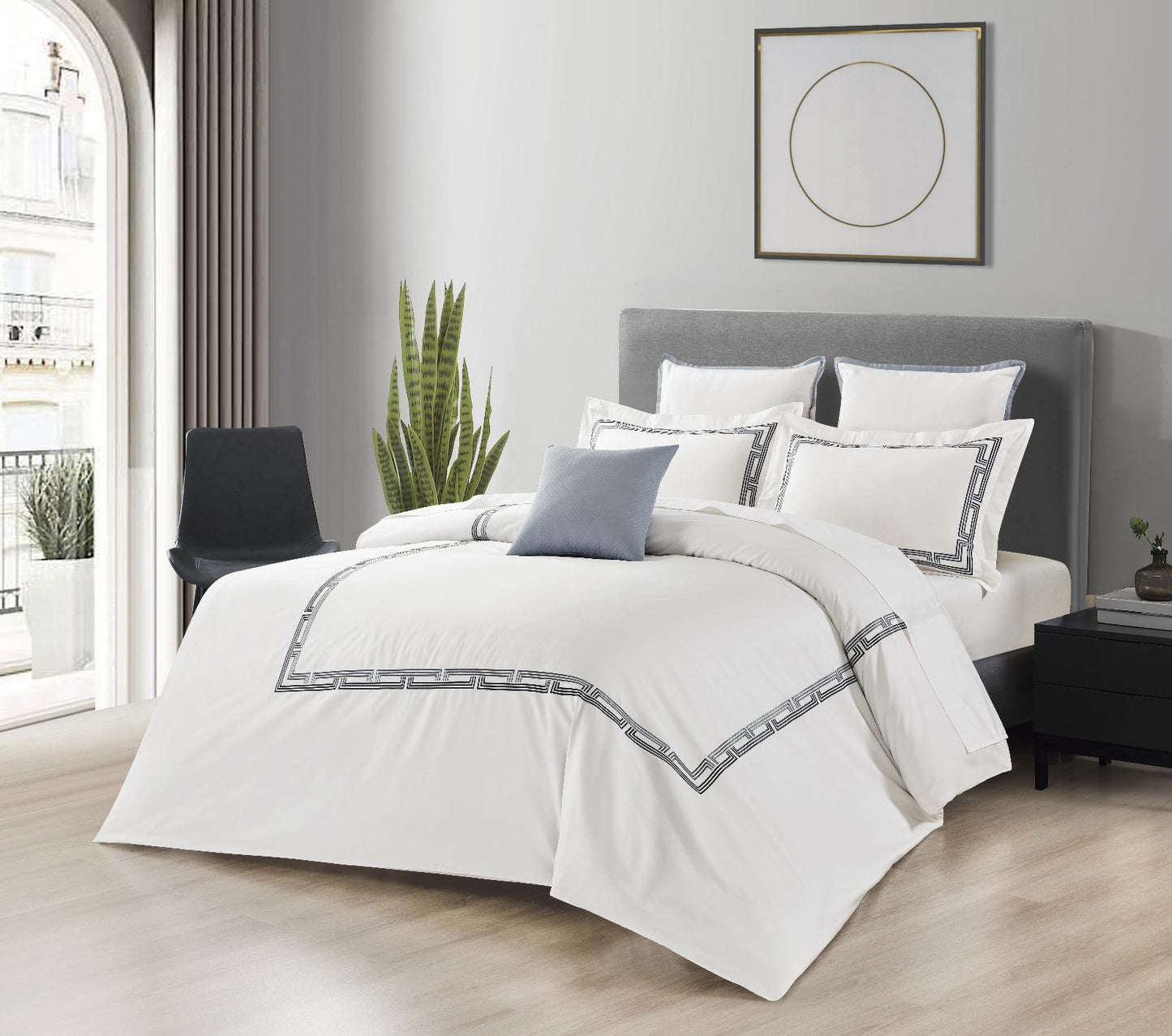 Hotel Collection – Architect Edition | Luxury Cloud White Bedding Set with Geometric Embroidery – 300 Thread Count Premium Cotton – 6-Piece Duvet Cover Set