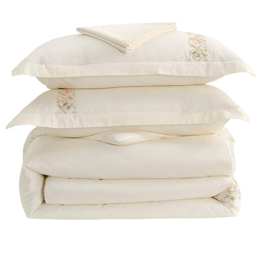 Hotel Collection – Bloom Edition | Luxury Cream White Bedding Set with Pastel Floral Embroidery – 300 Thread Count Premium Cotton – 6-Piece Duvet Cover Set
