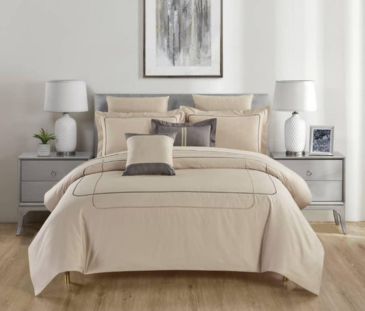 Hotel Collection – Line Edition | Luxury Beige Bedding Set with Double-Line Embroidery – 300 Thread Count Premium Cotton – 6-Piece Duvet Cover Set