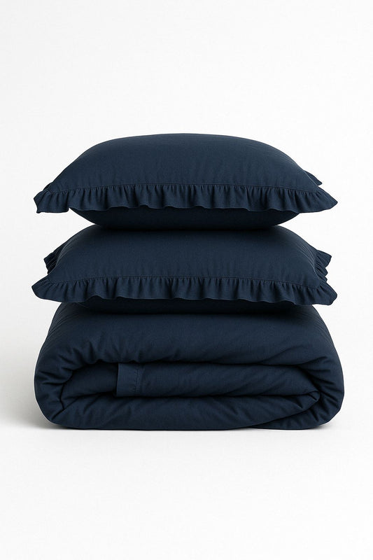Midnight Calm – Soft Garment Washed Collection 100% Cotton Duvet Cover Set with Soft Ruffles | Deep Navy, OEKO-TEX® Certified, Wrinkle-Look Finish