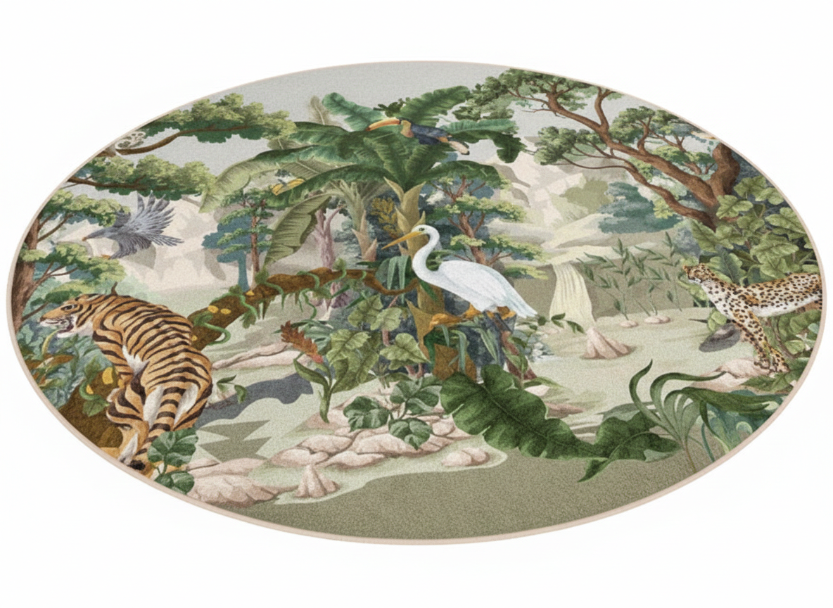 Jungle Safari Round Kids Play Rug, Animal Print Play Mat, Kids Room Decor, Nursery Rug, Soft Jungle Carpet