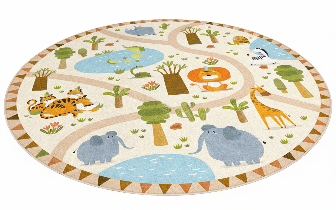 Safari Adventure Round Kids Play Rug, Jungle Animal Kids Carpet, Nursery Decor, Interactive Play Mat, Kids Room Rug, Fun Playtime Rug