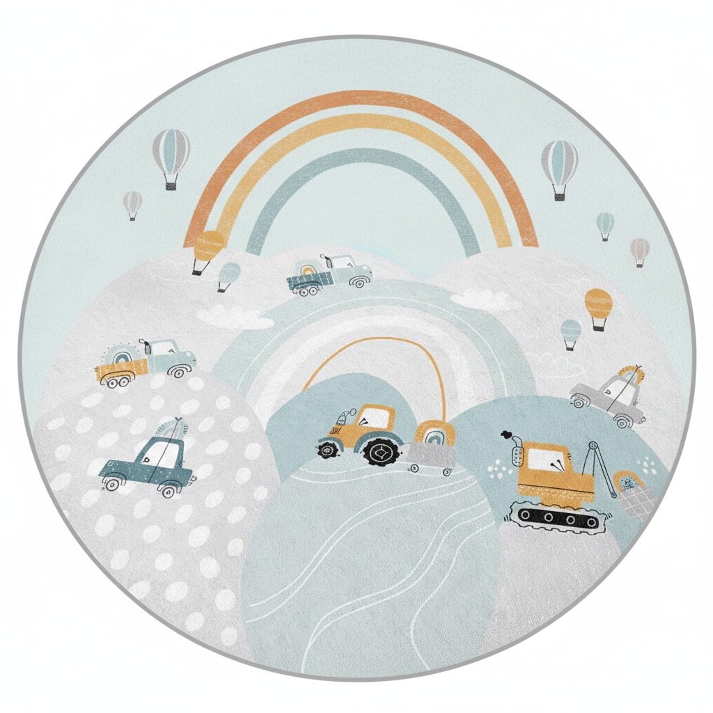 Whimsical Construction Vehicles Round Kids Rug, Playful Kids Room Carpet, Nursery Decor, Soft Play Mat for Toddlers