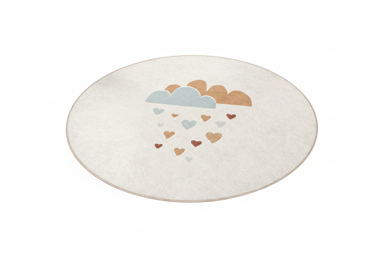 Cute Cloud and Heart Pattern Round Kids Rug, Playroom Decor, Soft Nursery Mat, Baby Room Carpet, Adorable Childrens Rug