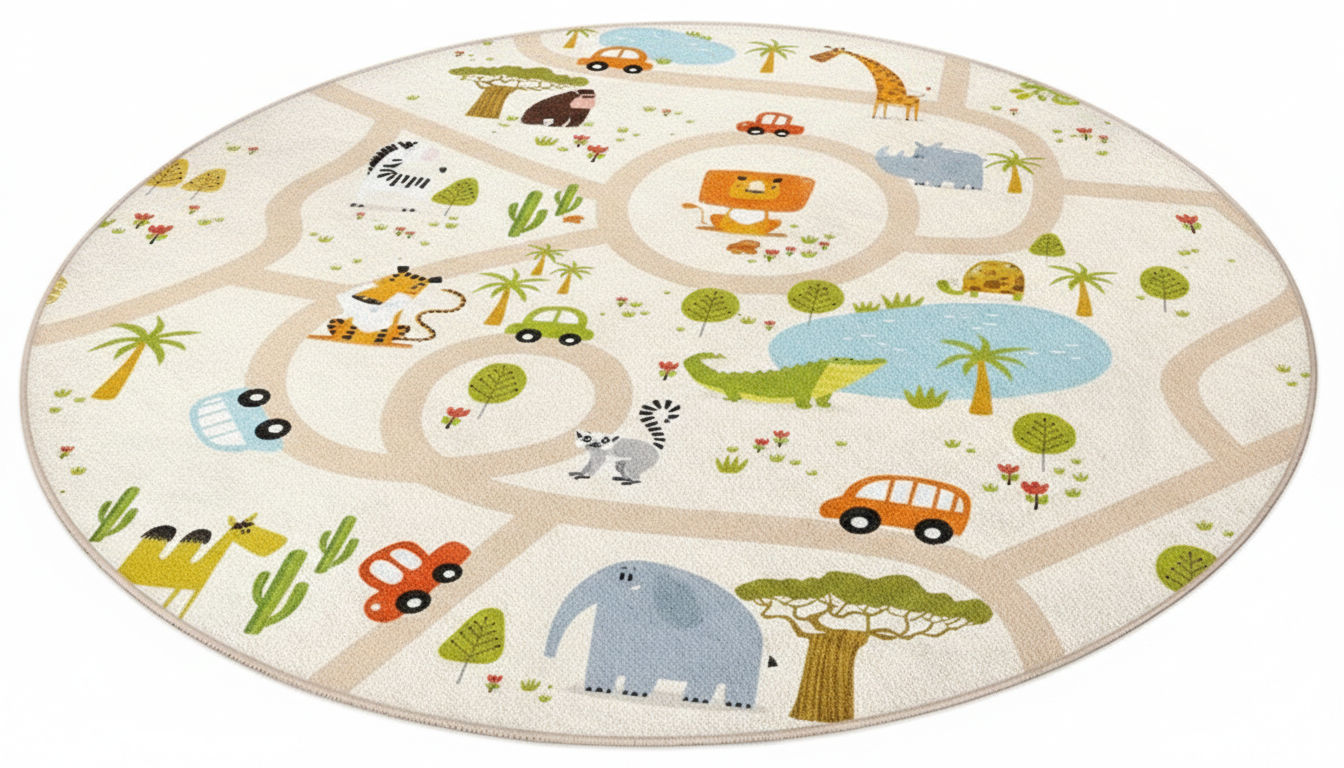 Animal Adventure Kids Round Rug, Playful Jungle Road Map Rug, Soft Nursery Area Rug, Cute Kids Room Decor, Interactive Play Mat