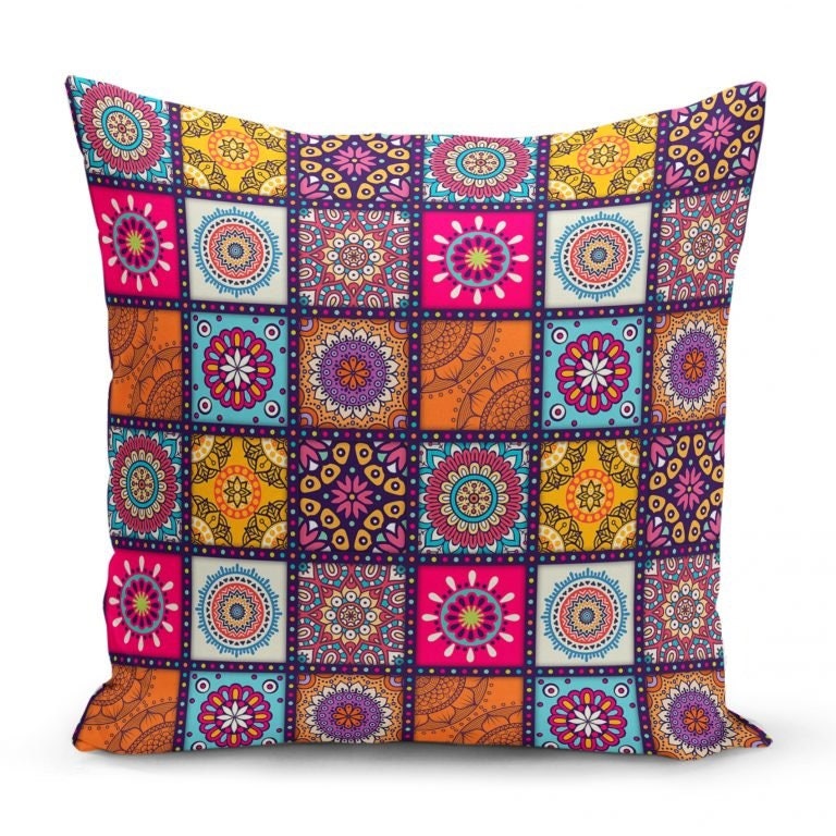 Colorful Geometric Mandala Design Set of 4 Pillow Cases, First Quality Fabric Throw Pillow Covers Indoor, Outdoor, Sofa, Living Room 45x45cm