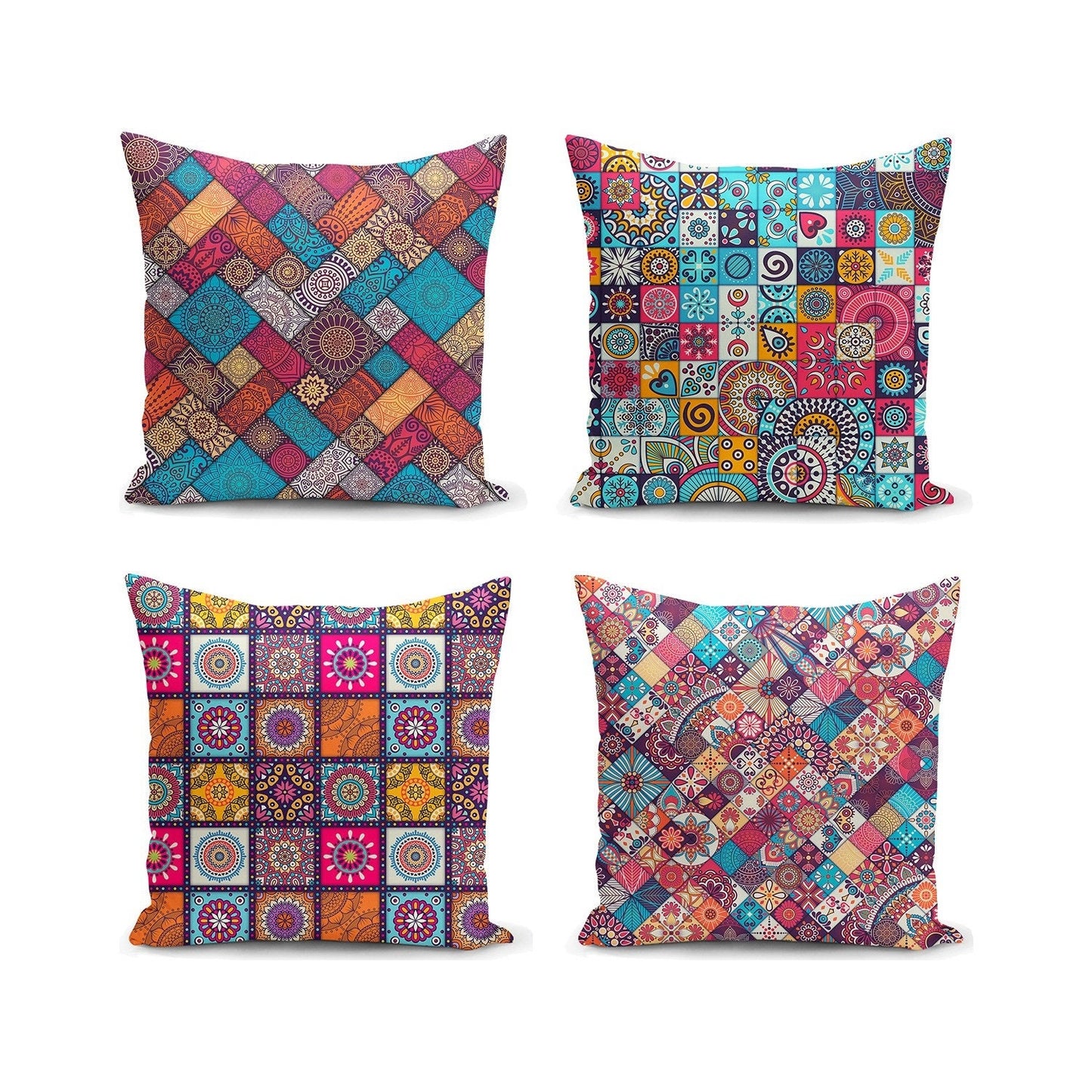 Colorful Geometric Mandala Design Set of 4 Pillow Cases, First Quality Fabric Throw Pillow Covers Indoor, Outdoor, Sofa, Living Room 45x45cm
