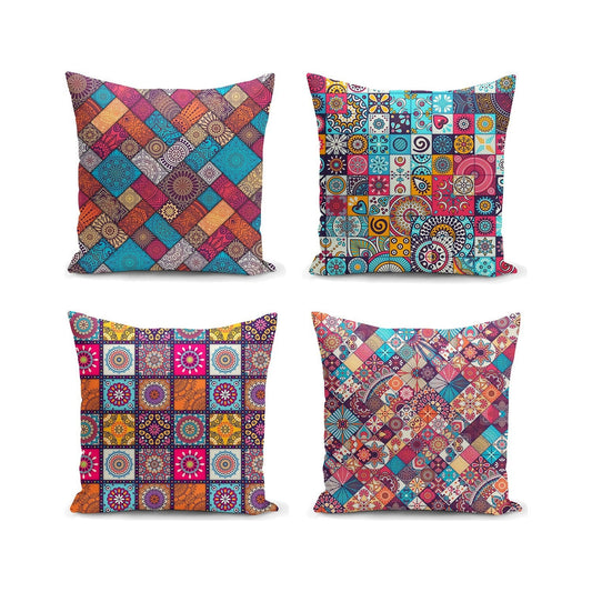 Colorful Geometric Mandala Design Set of 4 Pillow Cases, First Quality Fabric Throw Pillow Covers Indoor, Outdoor, Sofa, Living Room 45x45cm