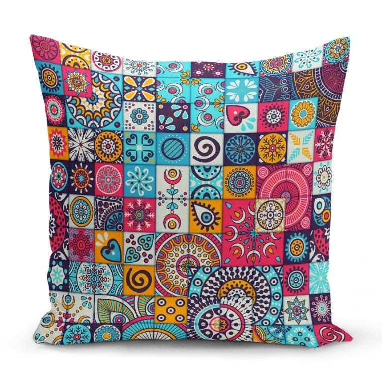 Colorful Geometric Mandala Design Set of 4 Pillow Cases, First Quality Fabric Throw Pillow Covers Indoor, Outdoor, Sofa, Living Room 45x45cm