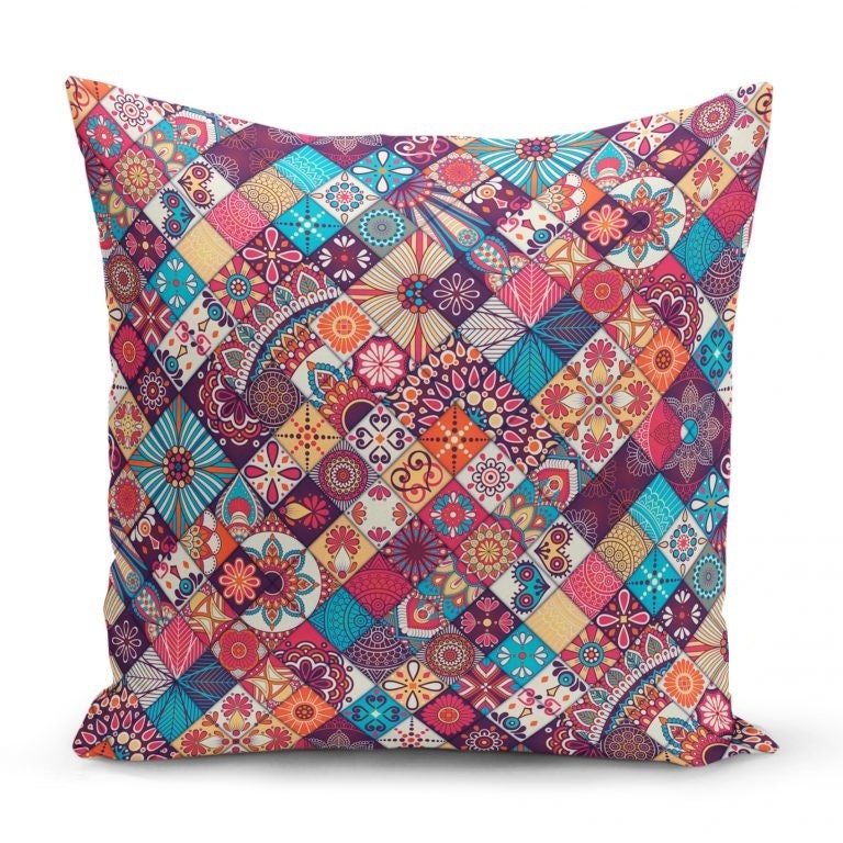 Colorful Geometric Mandala Design Set of 4 Pillow Cases, First Quality Fabric Throw Pillow Covers Indoor, Outdoor, Sofa, Living Room 45x45cm