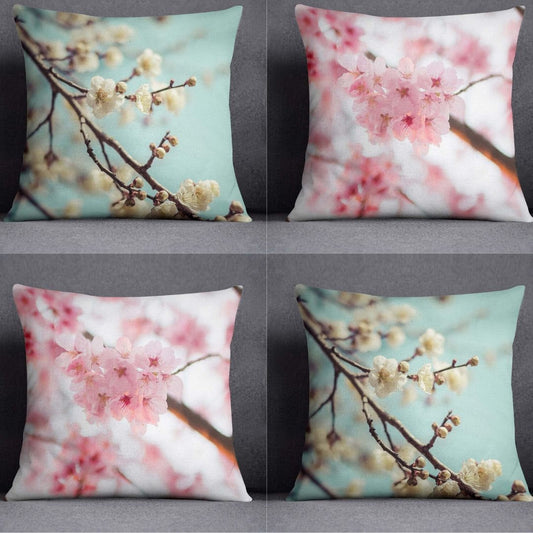 Pink Flowers Pillow Cover - Blue Cushion Cover- Floral Decor Throw Pillow Case - Fancy Decorative Accent Pillow - Blooming Flowers Set of 4