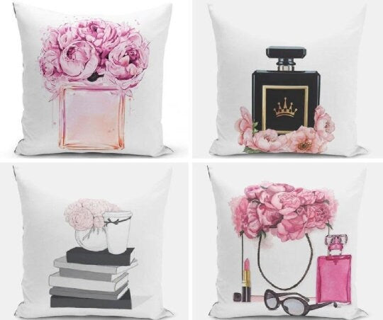 Fashion Glamour Lady Set of 4 Pillow Cases, First Quality Fabric Throw Pillow Covers Indoor, Outdoor, Sofa, Living Room 45x45 cm 18x18 inch