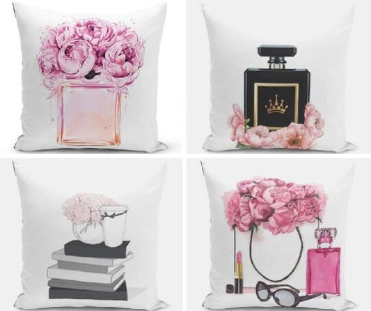 Fashion Glamour Lady Set of 4 Pillow Cases, First Quality Fabric Throw Pillow Covers Indoor, Outdoor, Sofa, Living Room 45x45 cm 18x18 inch