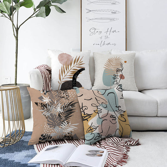 Chenille Throw Pillow Cover Drawing Face Throw Pillowcase Double Side Cushion Cover Pillow Case Modern Art Pillow Covers 22x22 inch 4 Pieces