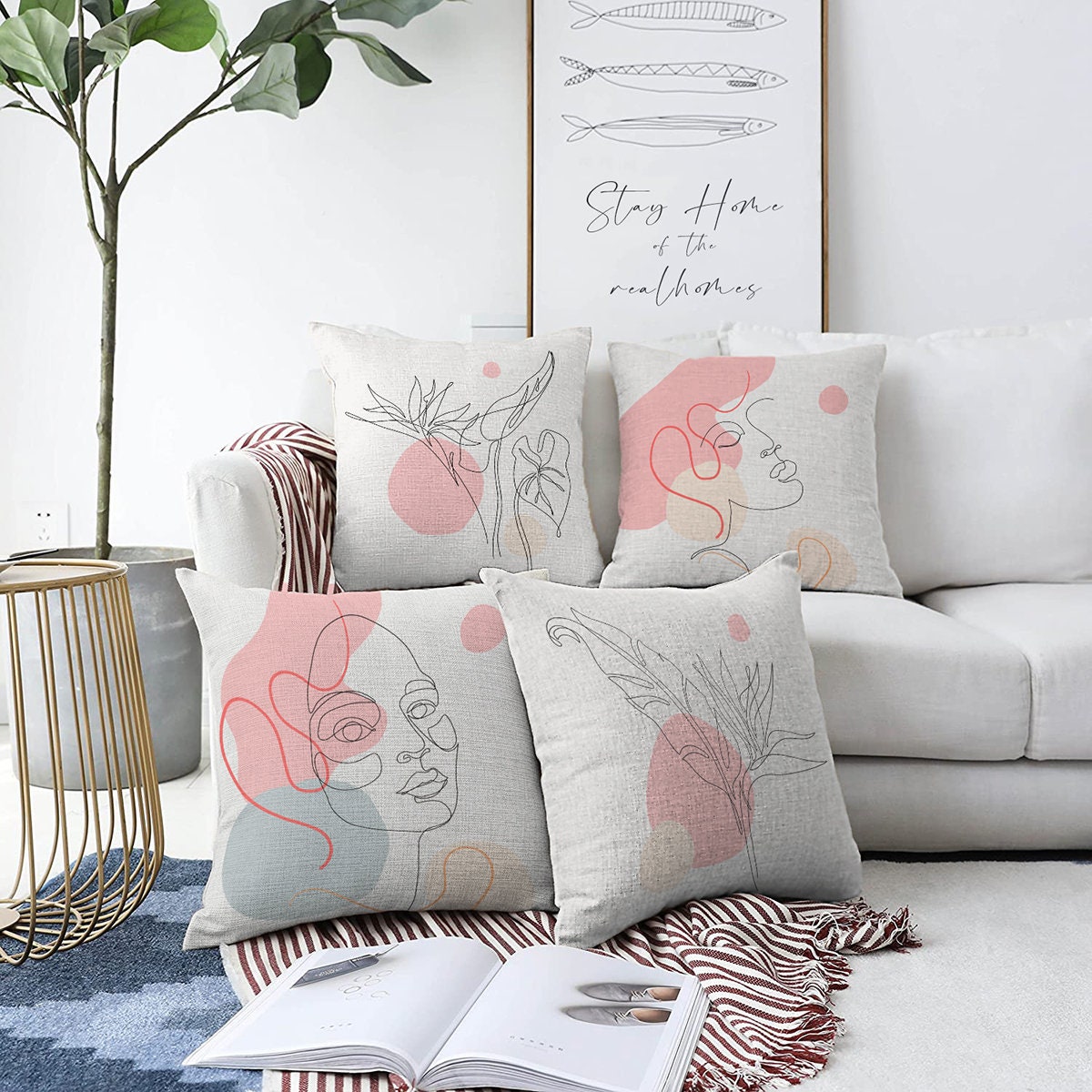 Chenille Throw Pillow Cover Drawing Art Throw Pillowcase Double Side Cushion Covers Minimalist Post Modern Pillow Cover 22x22 inch 4 Pieces