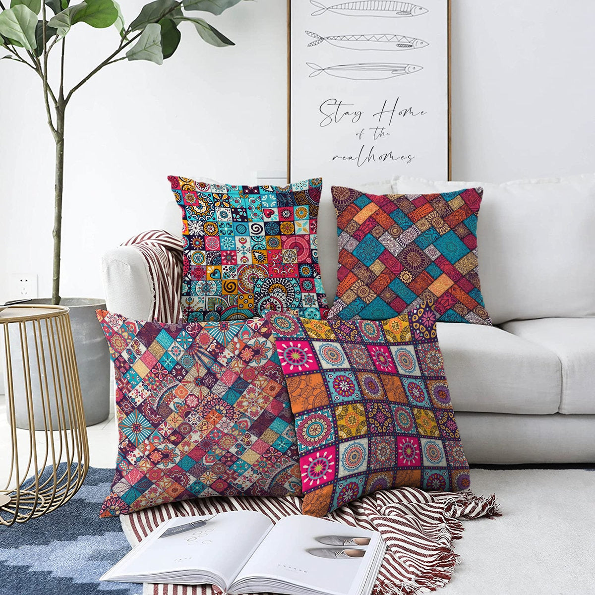 Chenille Throw Pillow Covers Mandala Throw Pillowcase Double Side Cushion Covers Moroccan Pillow Cases Pillow Covers 22x22 inch 4 Pieces