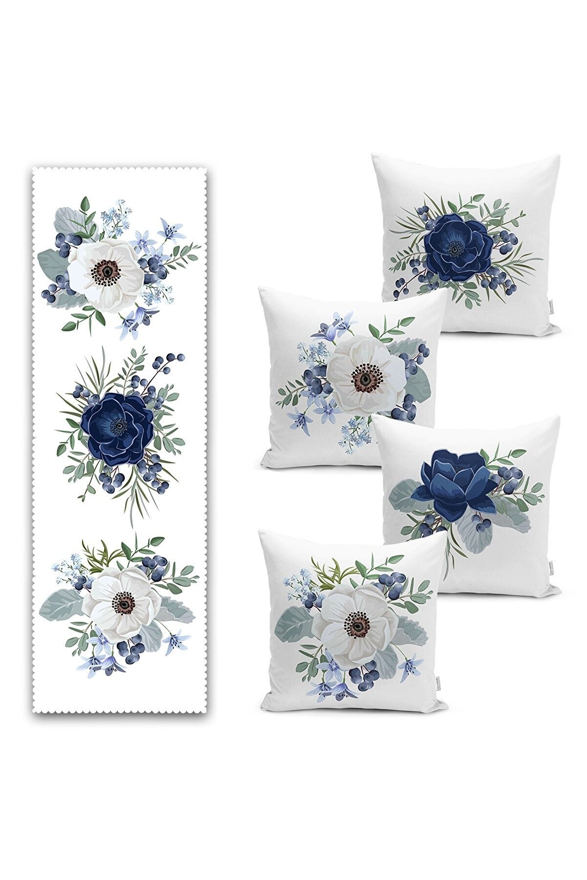 Flower Modern Design Set 4 Pillow Cases+1 Runner, First Quality Fabric Throw Pillow Covers Indoor, Living Room 45x45cm